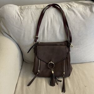 Jen & Co Women’s Vegan Brown Leather Handbag Purse Zipper & Tassel Snap Closures